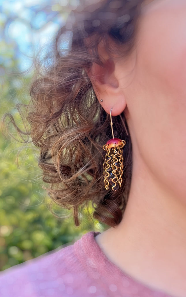 Red Copper Jellyfish Earrings with Dark Pearls and Sterling Silver Earwires