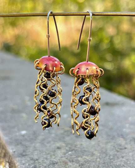 Red Copper Jellyfish Earrings with Dark Pearls and Sterling Silver Earwires