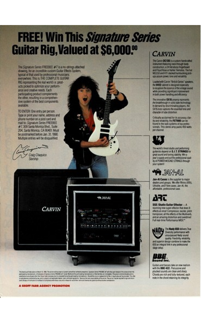 CARVIN GUITARS / AMPS - CRAIG CHAQUICO OF STARSHIP - 1989 Print Ad