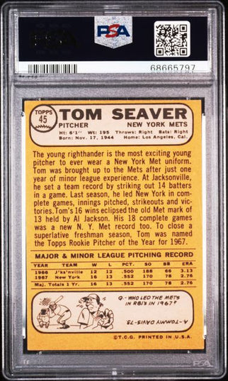 Graded 1968 Topps Tom Seaver #45 All Star Rookie Baseball Card PSA 5 EX