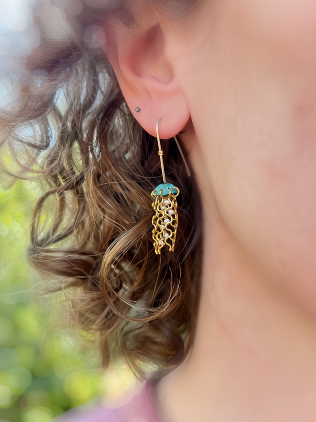 Mini Green Jellyfish Earrings with White Pearls and Sterling Silver Earwires