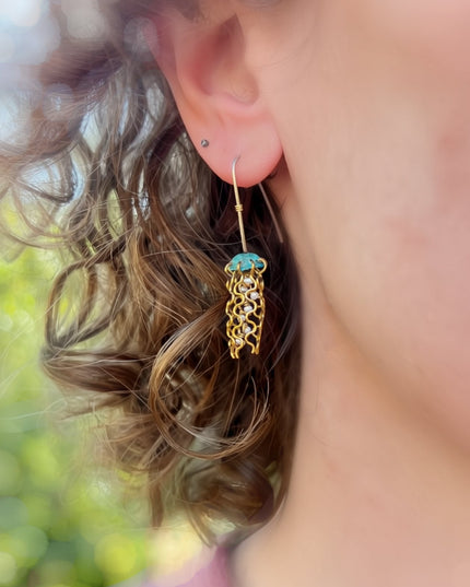 Mini Green Jellyfish Earrings with White Pearls and Sterling Silver Earwires