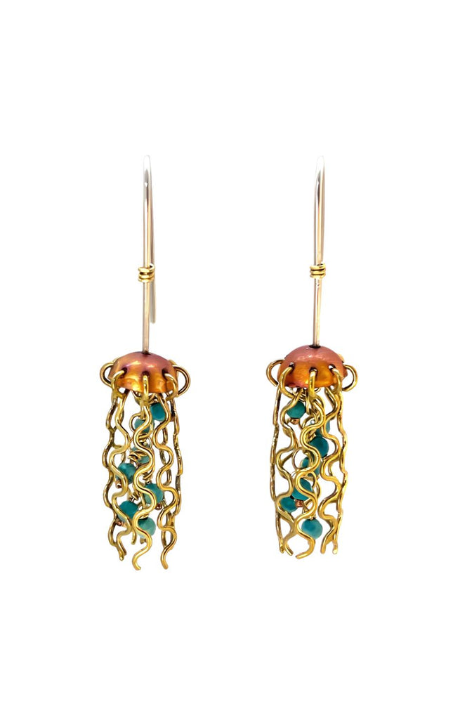 Mini Red Copper Jellyfish Earrings with Turquoise Beads and Sterling Silver Earwires
