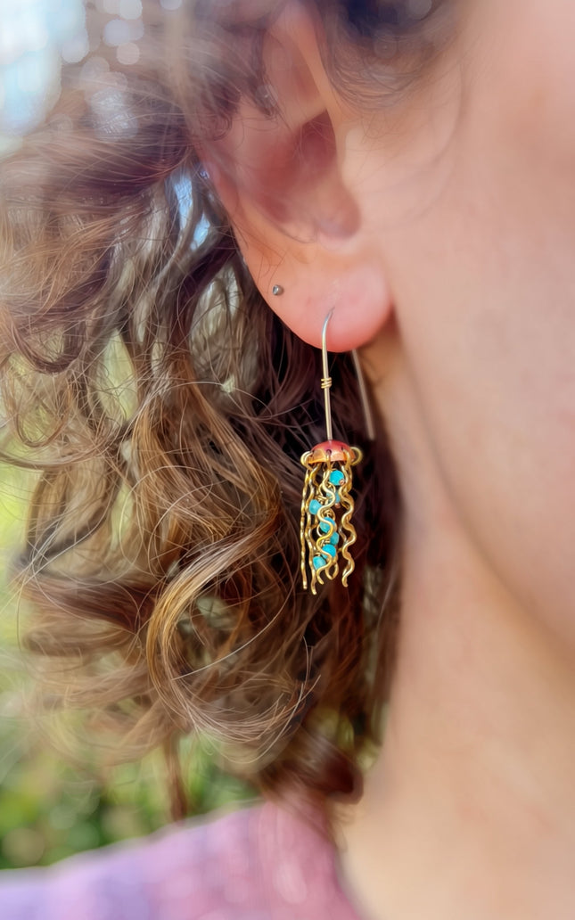 Mini Red Copper Jellyfish Earrings with Turquoise Beads and Sterling Silver Earwires
