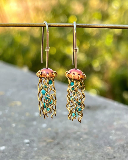 Mini Red Copper Jellyfish Earrings with Turquoise Beads and Sterling Silver Earwires