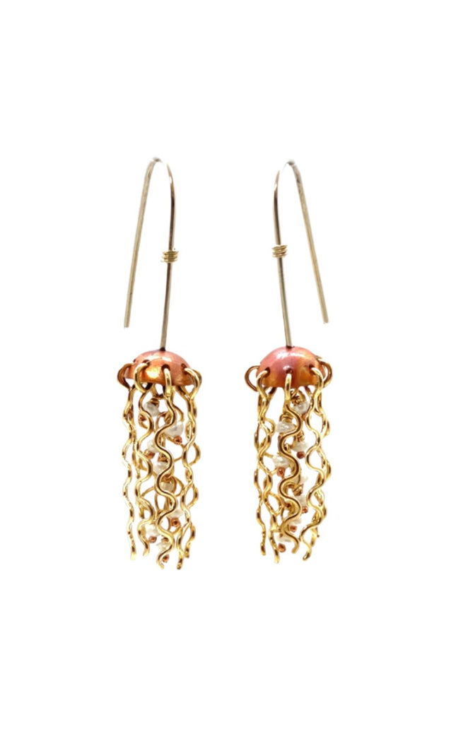 Mini Red Copper Jellyfish Earrings with White Pearls and Sterling Silver Earwires