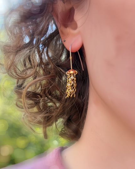 Mini Red Copper Jellyfish Earrings with White Pearls and Sterling Silver Earwires
