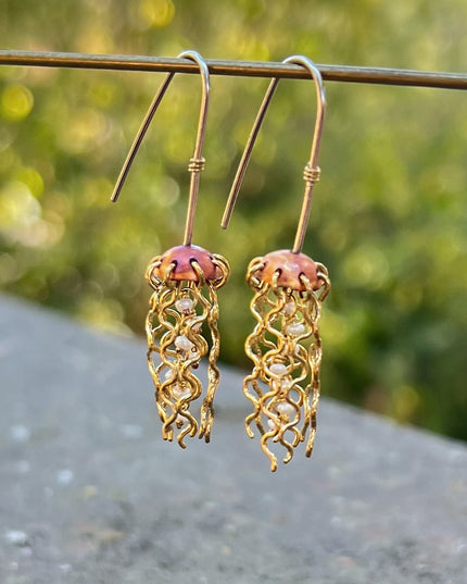 Mini Red Copper Jellyfish Earrings with White Pearls and Sterling Silver Earwires