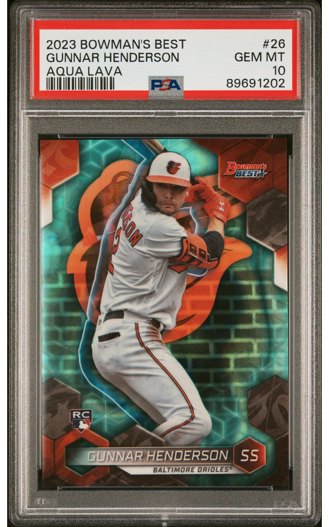 Graded 2023 Topps Bowmans Best Gunnar Henderson #26 Aqua Lava #/199 Rookie RC Baseball Card PSA 10 Gem Mint