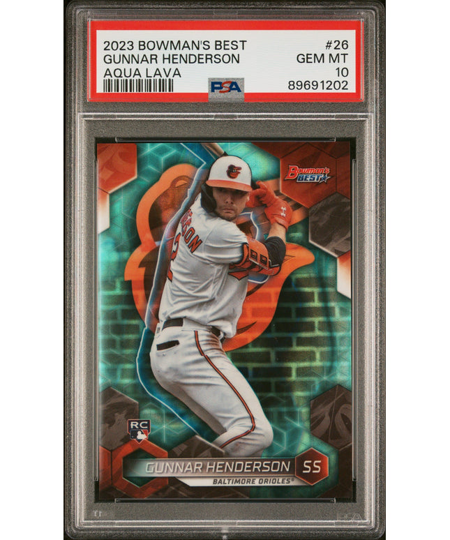 Graded 2023 Topps Bowmans Best Gunnar Henderson #26 Aqua Lava #/199 Rookie RC Baseball Card PSA 10 Gem Mint