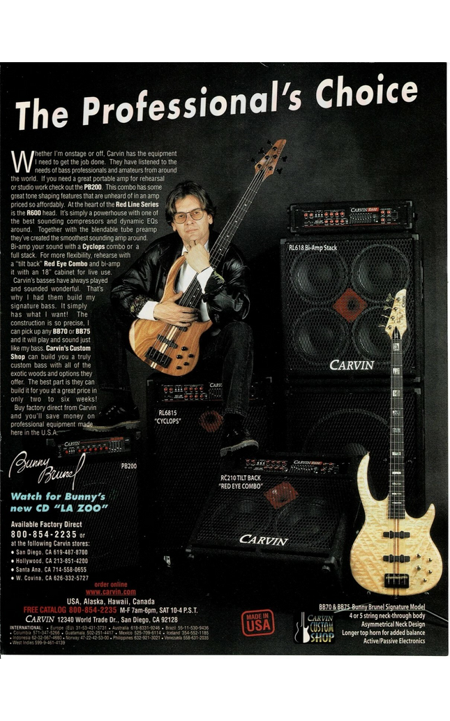CARVIN GUITARS - BUNNY BRUNEL - 1999 Print Advertisement