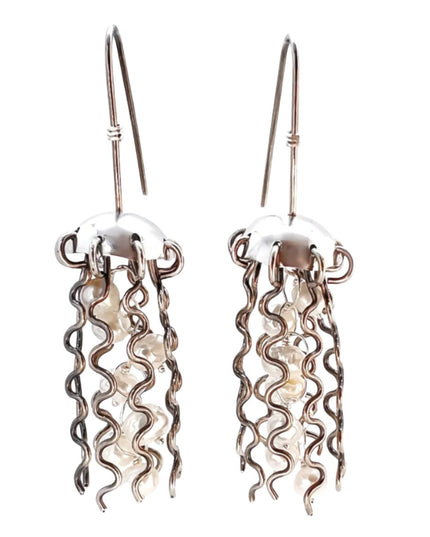 Sterling Silver Jellyfish Earrings with White Pearls