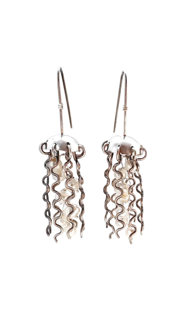 Sterling Silver Jellyfish Earrings with White Pearls