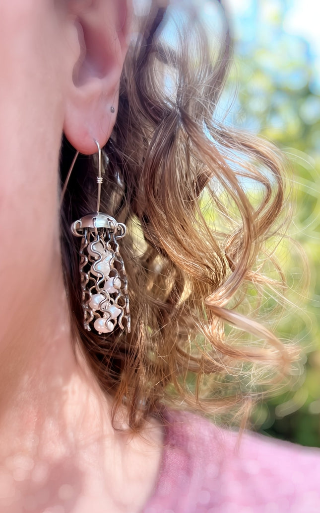 Sterling Silver Jellyfish Earrings with White Pearls
