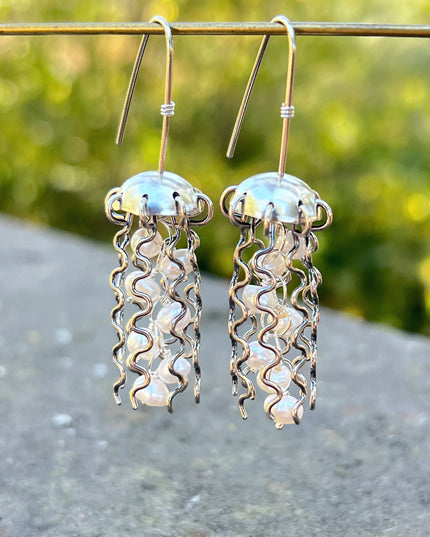 Sterling Silver Jellyfish Earrings with White Pearls