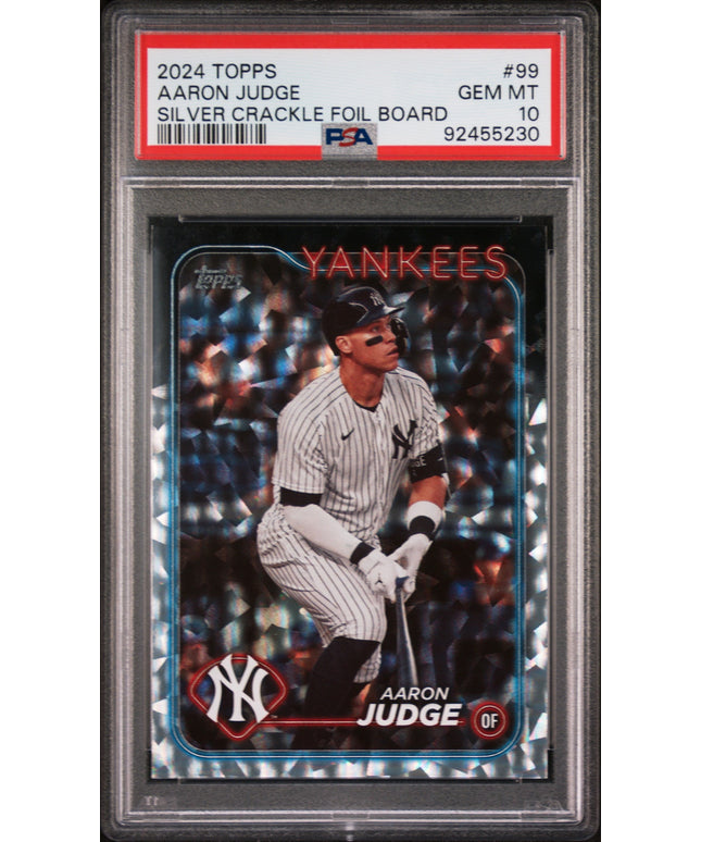Graded 2024 Topps Aaron Judge #99 Silver Crackle Foil Board Baseball Card PSA 10 Gem Mint