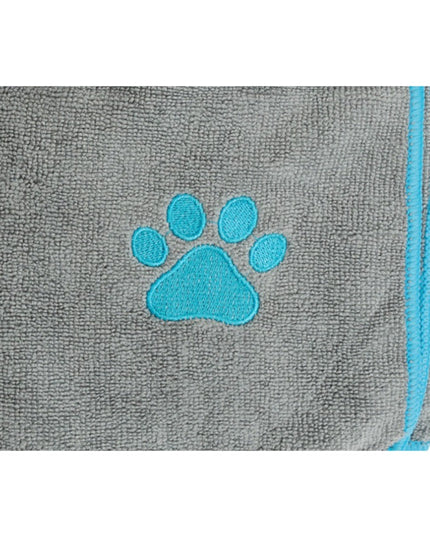 Country Living Large Gray Microfiber Dog Bath Towel with Teal Embroidered Paw Print