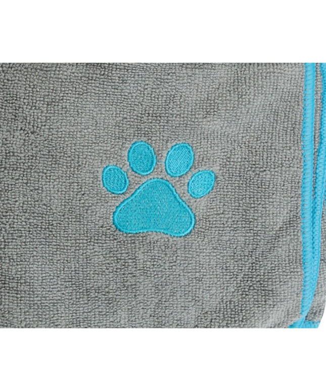 Country Living Large Gray Microfiber Dog Bath Towel with Teal Embroidered Paw Print