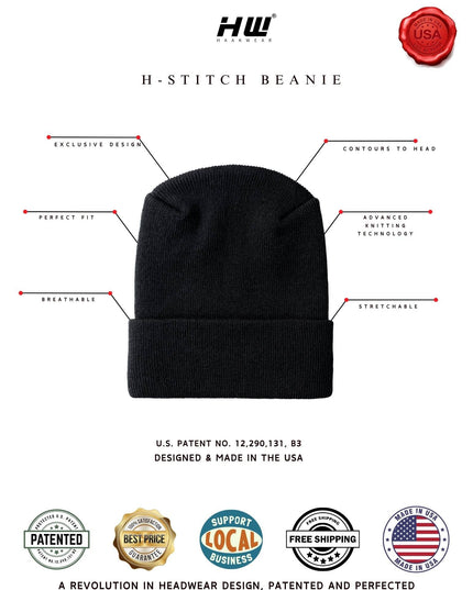 American Flag Beanie - H-Stitch Circular Knit Cuffed Beanie - Patented Design and Made in USA