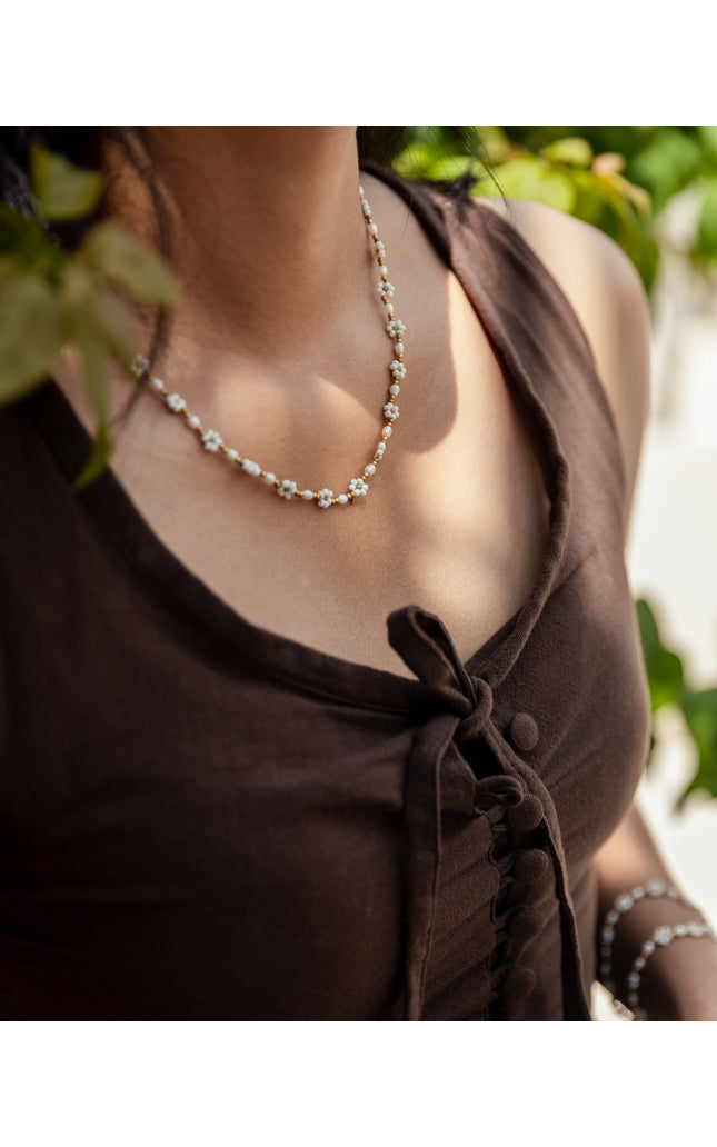 Freshwater Pearl and Flower Beaded Necklace