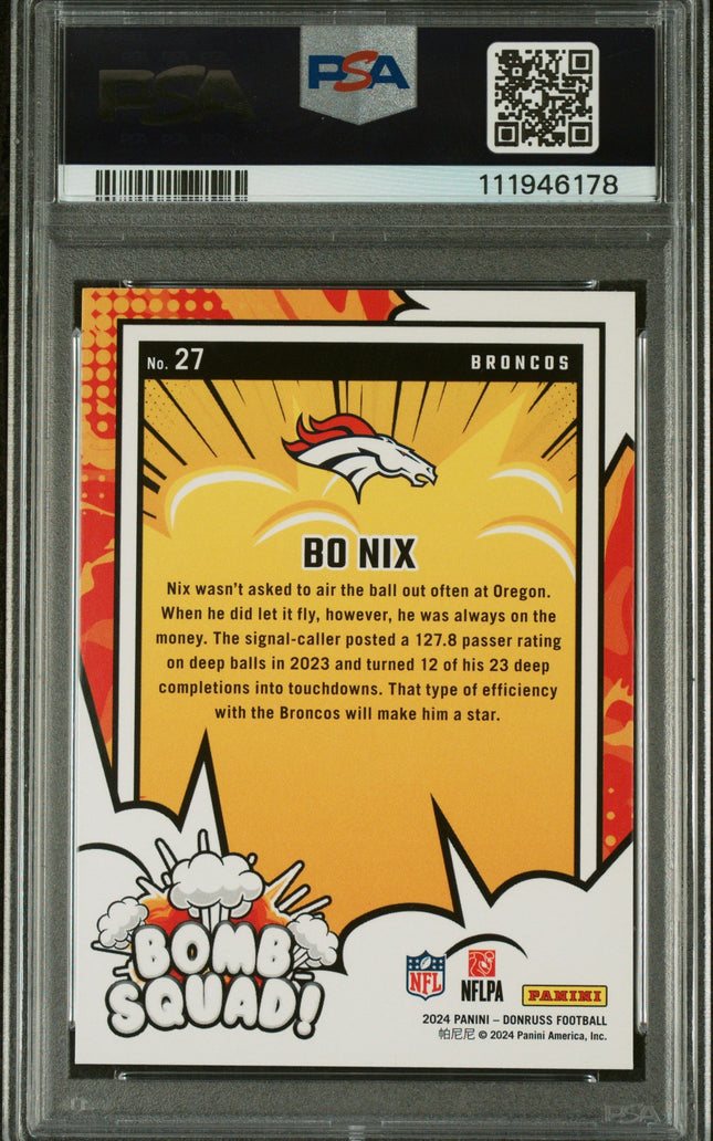 Graded 2024 Panini Donruss Bo Nix #27 Bomb Squad Rookie RC Football Card PSA 10 Gem Mint