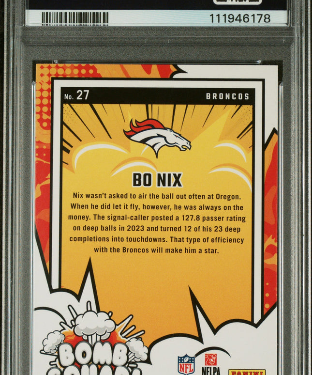 Graded 2024 Panini Donruss Bo Nix #27 Bomb Squad Rookie RC Football Card PSA 10 Gem Mint