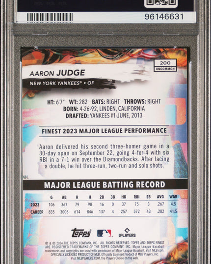 Graded 2024 Topps Finest Aaron Judge #200 Purple Refractor #/200 Baseball Card PSA 10 Gem Mint