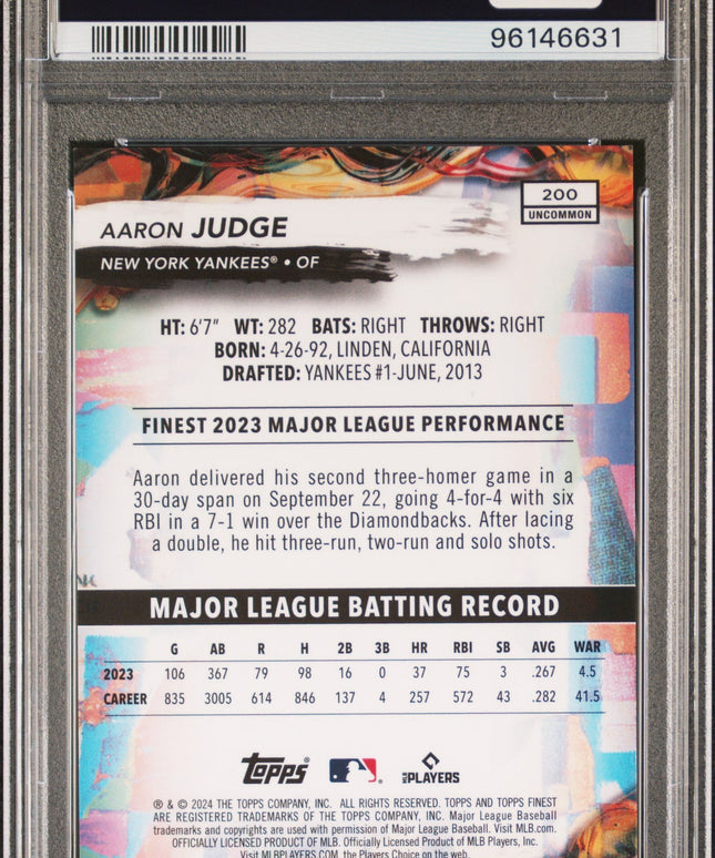Graded 2024 Topps Finest Aaron Judge #200 Purple Refractor #/200 Baseball Card PSA 10 Gem Mint