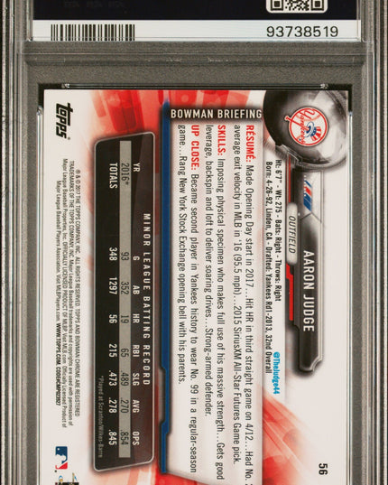 Graded 2017 Topps Bowman Chrome Aaron Judge #56 Batting Rookie RC Baseball Card PSA 10 Gem Mint