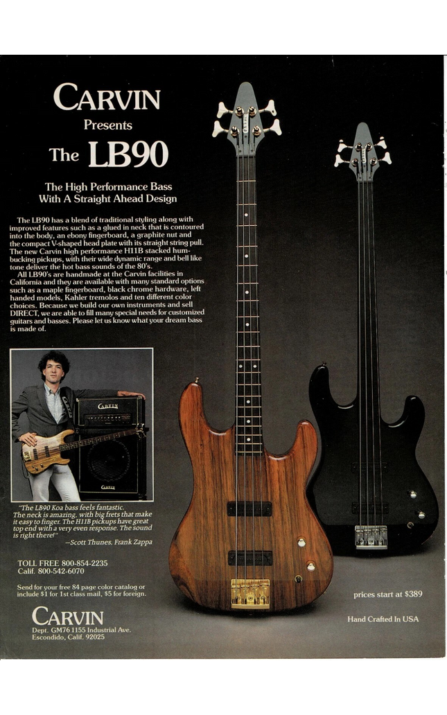 CARVIN GUITARS - LB90 - SCOTT THUNES of FRANK ZAPPA BAND - 1987 Print Ad