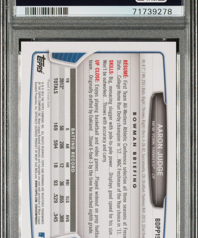 Graded 2013 Topps Bowman Draft Picks & Prospects Aaron Judge #BDPP19 Rookie RC Baseball Card PSA 10 Gem Mint